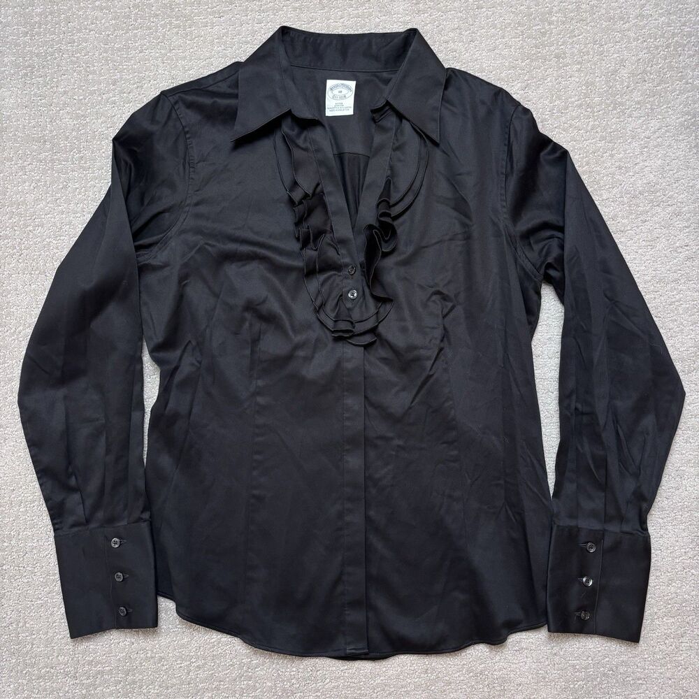 Brooks Brothers Womens Black Fitted Button Up Shirt Ruffle Collar Office Goth 10